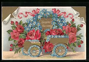 Bild des Verkufers fr Ansichtskarte Auto mit roten Rosen und blauen Blumen zum Verkauf von Bartko-Reher
