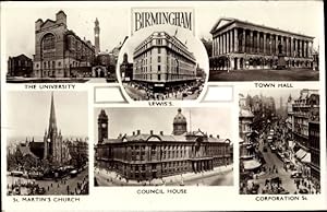 Seller image for Ansichtskarte / Postkarte Birmingham West Midlands England, University, Lewis's, Town Hall, Church, Corporation Street for sale by akpool GmbH