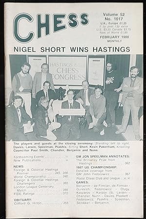 Seller image for Chess. Volume 52. No 1017. February 1988 Nigel Short Wins Foreign & Colonial Hastings for sale by Shore Books