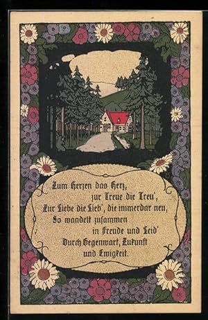 Seller image for Steindruck-Ansichtskarte Zum Herzen das Herz., Haus im Tannenwald, Gnseblumen for sale by Bartko-Reher