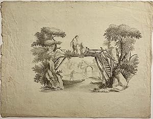 Antique drawing, watercolour, ca 1780 I Duck hunters and a little bridge (Het bruggetje), 1 p.