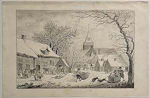 Antique drawing pencil I View on a village in winter (Winterlandschap met duwslee), ca. 1820.