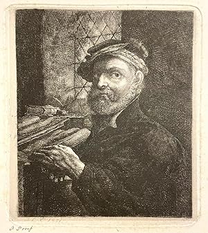 [Antique print, etching] Portrait of a man with a pen in his hand, old books (man met pen en oude...