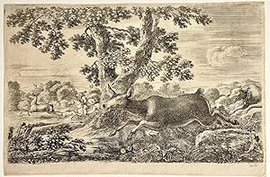Antique print, etching, Hunting, Della Bella | Deer hunt (Herten jacht), published ca. 1654, 1 p.