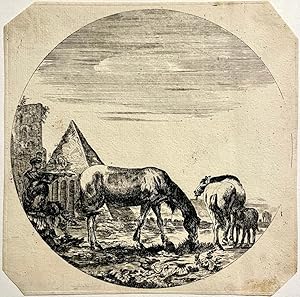 [Antique print, Della Bella, Rome, ca. 1650] Grazing horses at the Pyramid of Cestius [Grazende p...