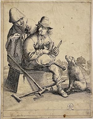 Antique print I Two beggars and a dog (2 bedelaars en een hond), published 1634, 1 p.