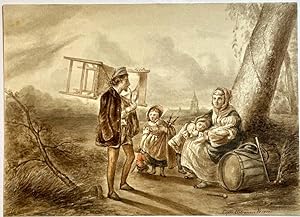 Antique drawing, watercolor | Peasants family with monkey, 1876, 1 p.