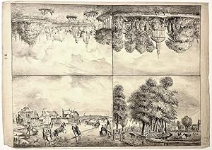 [Antique print, lithography, skating] Four landscapes on one paper (4 landschappen op 1 vel, gesp...