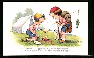 Bild des Verkufers fr Knstler-Ansichtskarte sign. Jim Palt: Kinder grillen einen Vogel auf dem Zeltplatz zum Verkauf von Bartko-Reher