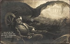 Künstler Ansichtskarte / Postkarte Deutscher Soldat, Tod, Adler mit Eisernem Kreuz, Und wer den T...