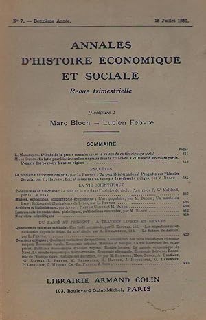 Imagen del vendedor de Annales d'histoire conomique et sociale - N7 - deuxime anne - 15 Juillet 1930 a la venta por PRISCA