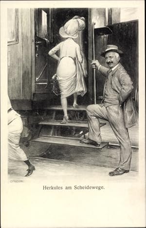 Bild des Verkufers fr Knstler Ansichtskarte / Postkarte Frschl, Herkules am Scheidewege, Reisende, Eisenbahn zum Verkauf von akpool GmbH