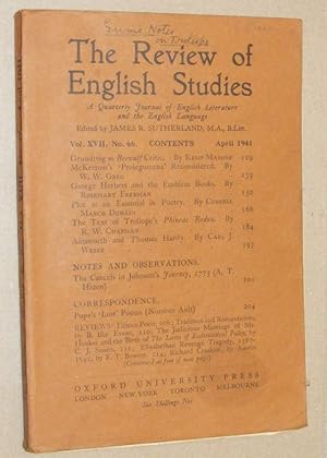Immagine del venditore per The Review of English Studies vol.XVII no.66, April 1941. A Quarterly Journal of English Literature and the English Language venduto da Nigel Smith Books