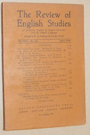The Review of English Studies vol.XVI no.62, April 1940. A Quarterly Journal of English Literatur...