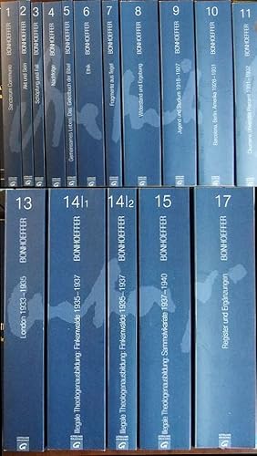 Bild des Verkufers fr Werke. 15 Bde. [von 17 Bdn., es fehlen Bd.12 und Bd.16] Bd.1: Sanctorum Communio, Bd.2: Akt und Sein, Bd.3: Schpfung und Fall, Bd.4: Nachfolge, Bd.5: Gemeinsames Leben / Das Gebetbuch der Bibel, Bd.6: Ethik, Bd.7: Fragmente aus Tegel, Bd.8: Widerstand und Ergebung, Bd.9: Jugend und Studium 1818 - 1927, Bd.10: Bd. 11: komene , Universitt, Pfarramt 1931 - 1832, Bd.13: London 1933 - 1935, Bd.14/1: Illegale Theologenausbildung: Finkenwalde 1935 - 1937, Bd.14/2: Illegale Theologenausbildung: Finkenwalde 1935 - 1937, Bd.15: Illegale Theologenausbildung: Sammelvikariate 1937 - 1940, Bd. 17: Register und Ergnzungen. - Dietrich Bonhoeffer. Hrsg. von Hans-Richard Reuter / Bonhoeffer, Dietrich: Werke zum Verkauf von Antiquariat Blschke