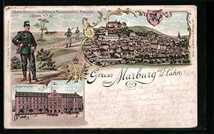 Lithographie Marburg a.d. Lahn, Teilansicht, Jäger-Bataillon Königin Margherita v. Italien, Jäger...