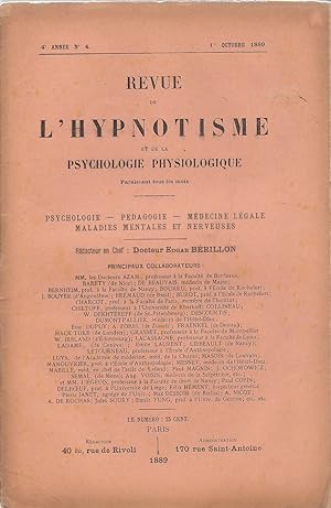 Image du vendeur pour Revue de l'hypnotisme et de la psychologie physiologique. 4e Anne, N4, 1er octobre 1889 mis en vente par PRISCA