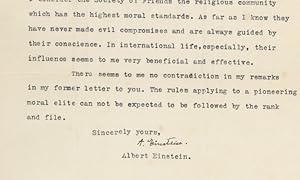 Seller image for Albert Einstein, in a Critique of German Christianity's Alliance With the Nazis, Believes That?Truly Religious People?"never made evil compromises and are always guided by their conscience" (Later in life, faced with the results of war and the existential threat?of nuclear weapons, he finds likeminded peace activists?among the Quakers, who he felt set the religious example above all others in international life) for sale by The Raab Collection