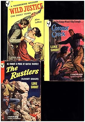 Seller image for Coroner Creek / The Range Wasn't Big Enough AND A SECOND BOOK, Wild Justice (The Smoky Years) / A Thundering Western, AND A THIRD BOOK The Rustlers (Sunset Graze) / He Fought A Posse of Cattle Thieves! (THREE SMALLER BANTAM MASS-MARKET PAPERBACK WESTERNS, 1948 AND 1949, WITH ACTION-PACKED GLOSSY COLOR COVERS) for sale by Cat's Curiosities