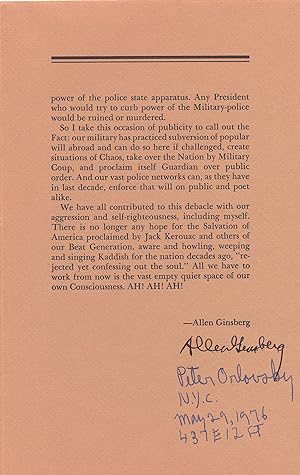 Allen Ginsberg Ephemera. Speech for 1974 National Book Award, Printed and Signed