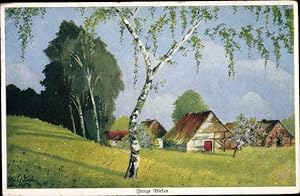 Künstler Ansichtskarte / Postkarte Lindenberg, Junge Birken, Bauernhäuser