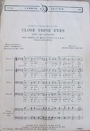 Imagen del vendedor de Close thine eyes (Cyn Cau Llygaid) For choris of men's voices (T.T.B.B.) unaccompanied a la venta por Books and Bobs