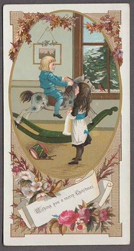 Imagen del vendedor de Wishing You a Merry Christmas card 1880s boy rides hobby horse for girl a la venta por The Jumping Frog