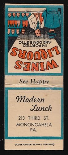 Seller image for Modern Lunch Restaurant 213 Third St Monongahela PA wines liquors matchcover for sale by The Jumping Frog