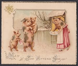 Imagen del vendedor de May Joy Attend You Pig-motif glittered embossed Christmas Card c 1910 a la venta por The Jumping Frog