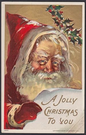 Seller image for Santa Claus Jolly Christmas postcard c 1910 Red hood cap, reads from list; holly for sale by The Jumping Frog