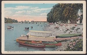 Imagen del vendedor de Canoes at dock Mohawk River at Schenectady NY postcard c 1910 train on bridge a la venta por The Jumping Frog