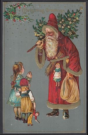 Imagen del vendedor de Santa Claus Christmas postcard c 1910 2 girls eye red coat & cap, tree & toys a la venta por The Jumping Frog