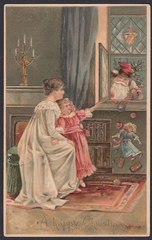 Image du vendeur pour Santa Claus Christmas postcard 1907 Mom & girl see toys tossed in window mis en vente par The Jumping Frog