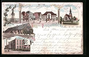 Lithographie Quakenbrück, Bahnhof, Pinsel- und Bürstenfabrik Schade, Co.