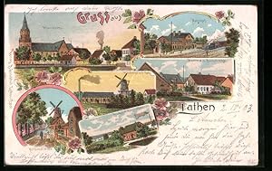 Lithographie Lathen, Bahnhof, Windmühle, Burgstrasse, Emshafen