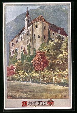 Künstler-Ansichtskarte E.F. Hofecker: Schloss Tirol, Ansicht mit Bergpanorama