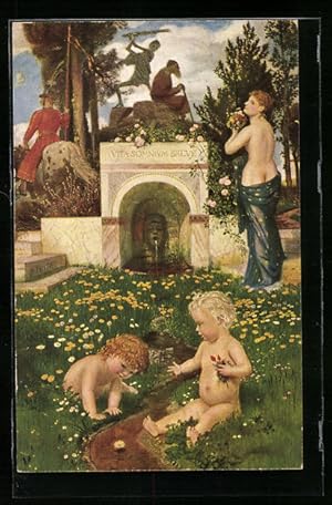 Seller image for Knstler-Ansichtskarte Arnold Bcklin: Vita Somnium Breve, nackte Kinder auf der Wiese for sale by Bartko-Reher