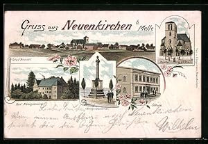 Lithographie Neuenkirchen bei Melle, Totalansicht, Kirche, Kriegerdenkmal, Gut Königsbrück