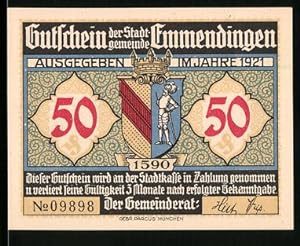 Notgeld Emmendingen 1921, 50 Pfennig, Wappen, Landsitz von Geheimrat Enderlin