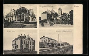 Ansichtskarte Elsdorf, Bahnhof und Zuckerfabrik, Villa vom Scheidt, Pfeiffer-Stift