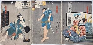 [Woodblock triptych depicting three theater characters: Sasano Gonza     , Teranishi Kanshin    ,...