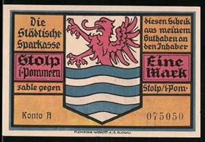 Notgeld Stolp i. Pommern, 1 Mark, Mühlentor, Wappen