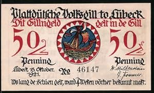 Notgeld Lübeck 1921, 50 Pfennig, Hanseschiff und Garnersfru