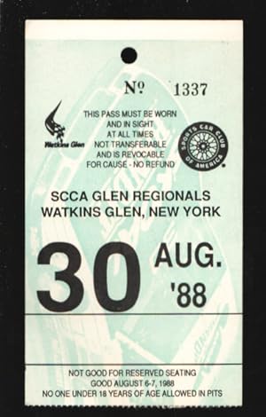 Watkins Glen Speedway SCCA Auto Race Ticket Stub 8/7/1988-SCCA Glen Regionals Ticket Stub-VG