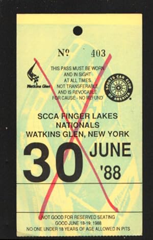 Watkins Glen Speedway SCCA Auto Race Ticket Stub 6/19/1988-SCCA Finger Lakes Regionals Ticket Stu...