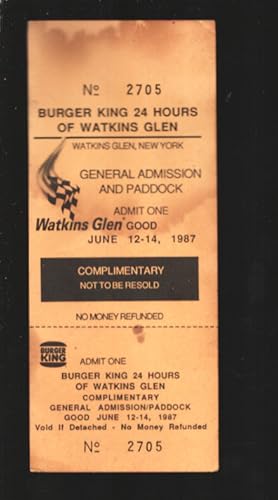 Watkins Glen Speedway Auto Race Ticket Stub 6/14/1987-Burger King 24 Hours of Watkins Glen Ticket...