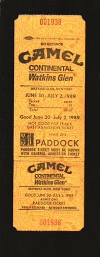 Watkins Glen Speedway IMSA Paddock Ticket Stub 7/2/1989-Camel Continental Paddock ticket stub-VG