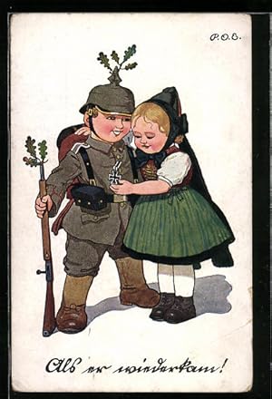 Bild des Verkufers fr Knstler-Ansichtskarte P. O. Engelhard (P.O.E.): Als er wiederkam, Kind als Soldat gekleidet zum Verkauf von Bartko-Reher