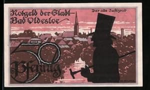 Notgeld Bad Oldesloe, 50 Pfennig, Ortsansicht mit altem Justizrat, Moorbad