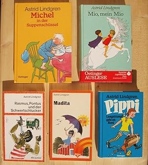 Konvolut mit fünf Bücher: 1. Mio, mein Mio ; 2. Michel in der Suppenschüssel ; 3. Pippi Langstrum...